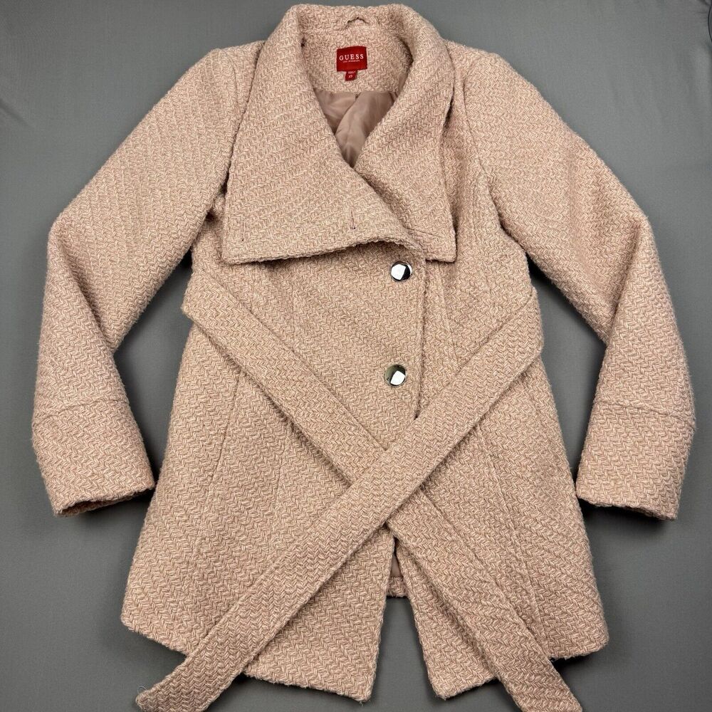 Guess Pink Boucle Double Breasted Wool Pea Coat Cutaway Winter Dress Coat XS‎